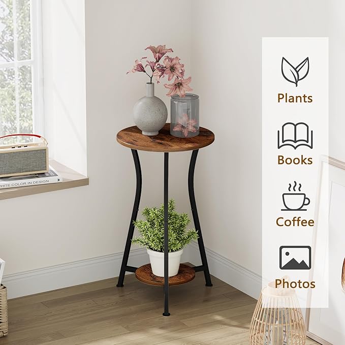 YINMIT Plant Stand Indoor, Plant Shelf Holder, Wood Corner Plant Stand, Metal Flower Stand for Indoor Plants, Small Round Side End Table for Living Room Balcony Garden (Retro, 2 Tier)