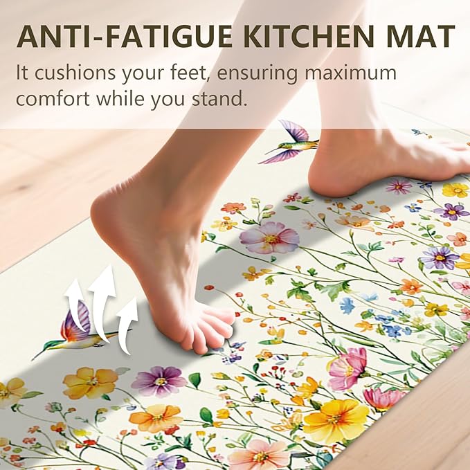 Flower Rugs for Kitchen Floor, ButterflyFloral Anti Fatigue Mats for Kitchen Floor Non Slip, 2PCS Rubber Kitchen Mat, Washable Cushioned Runner Carpet Rug for Sink Laundry 15.7"×27.5" +15.7"×47" 3.5mm