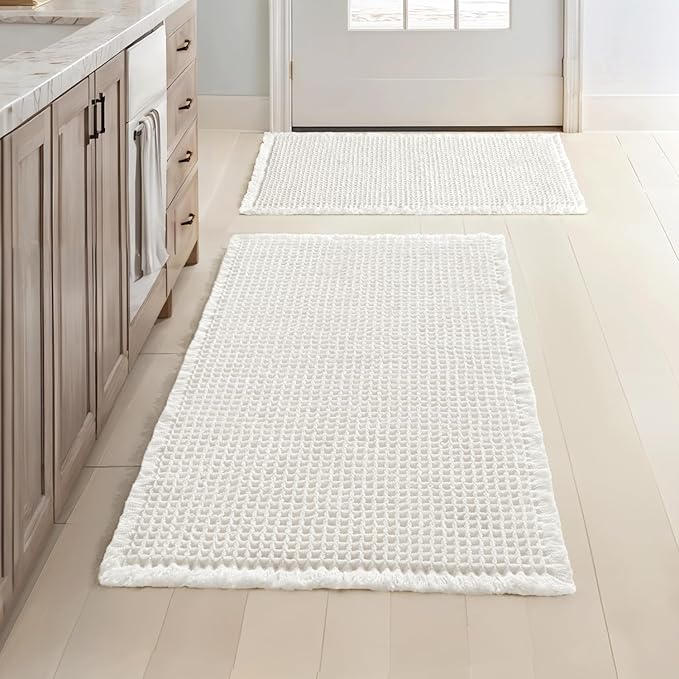 MIULEE Set of 2 Waffle Bathroom Rugs, Boho Bath Rugs Non Slip Washable, Super Absorbent Bath Mats, Ultra Soft Rubber Backed Shower Mats for Bathroom Floor, Tub, White, 17"x24"+18"x30"