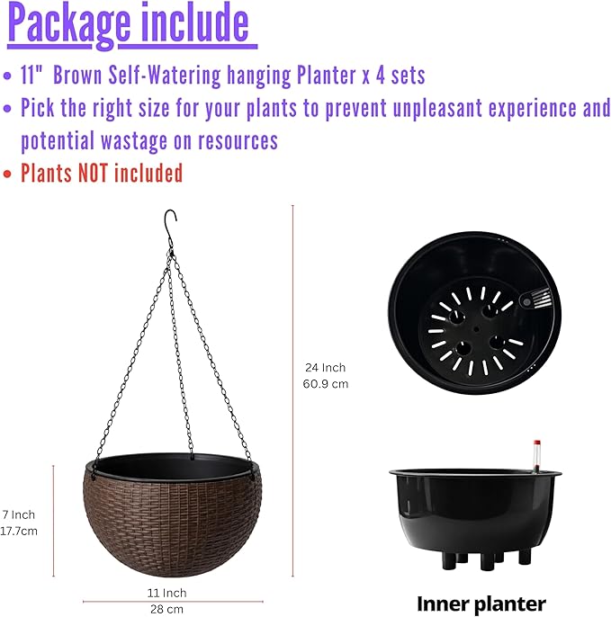 LaLaGreen Hanging Planters for Indoor Plants (11 Inch, 4 Pack) Brown Rattan Style Self-Watering Flower Pots with Water Level Indicator, Round Plastic Baskets with Metal Chain for Balcony, Porch Garden