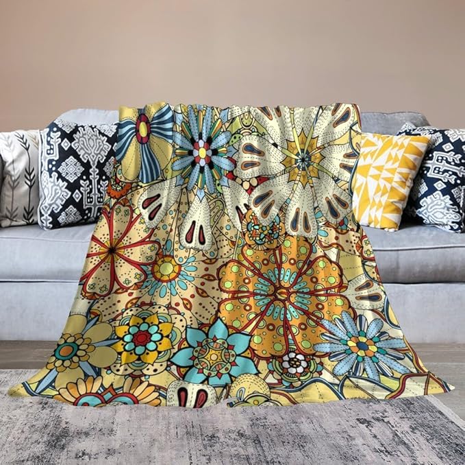 Boho Floral Throw Blanket Vintage Colorful Flowers Bohemian Print Mandala Blanket for Sofa Bed Couch Chair Or Dorm 70"x80"