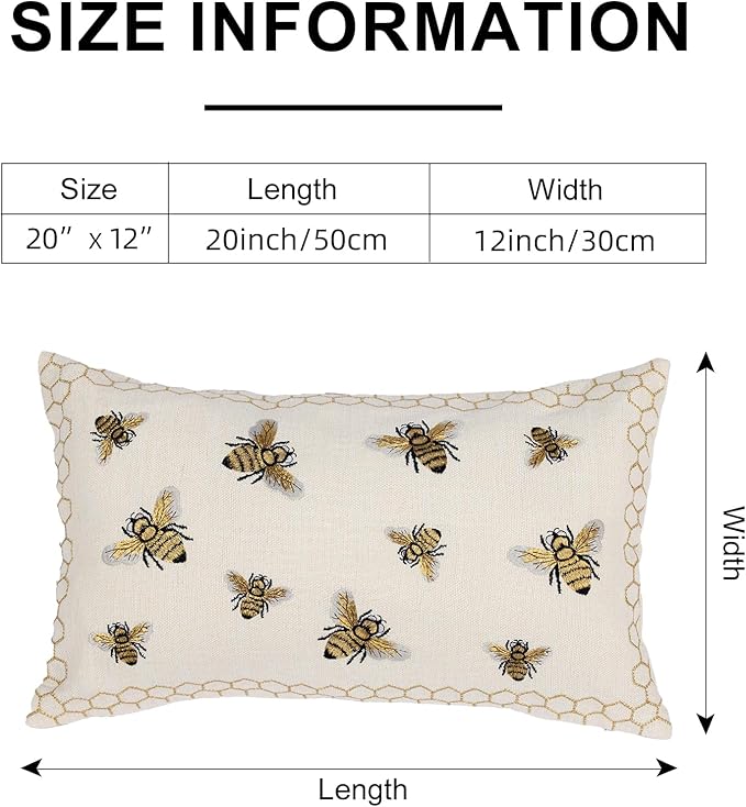 Honeycomb Throw Pillow Cover 12x 20, Gold Embroidered Bumble Lumbar Linen Pillow Cushion Case, Bee Farmhouse Home Decor for Outdoor Couch Bedroom Car