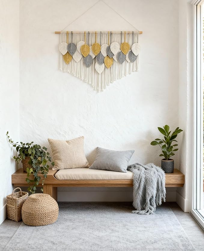 Tempospark Large Macrame Tapestry Wall Hanging, Boho Leaves Tassels Tapestries Wall Decor for Living Room, Bedroom, Dining Room, Nursery, Hallway, Balcony 39x29.5 Inch