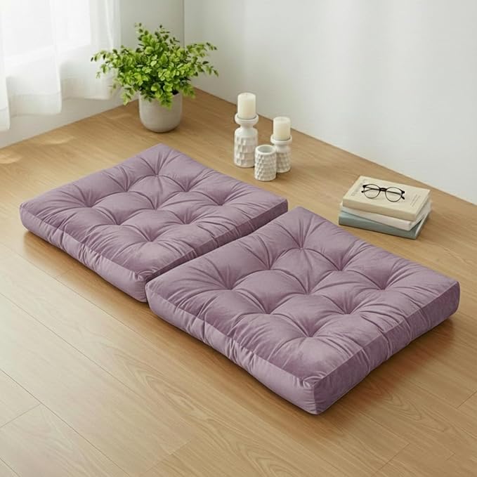 Meditation Floor Pillow Set of 2, Large Velvet Floor Pillows for Sitting, Tufted Floor Seating Cushions for Adults, Big Pillows for Yoga & Living Room, 22x22 Inch, Lavender