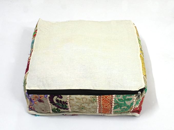 Mam Treasures Indian Bohemian Decorative Pillow Vintage Cushion Cover Patchwork Square Floor Pillow Cover Meditation Cushion Large Floor Pillow Indian Cushion (White, 22 X 22 X 5 Inch)