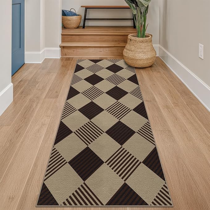2x6 Diamond Checkered Runner Rug for Kitchen - Easy Jute Plaid Rug for Entryway Bedroom Beside Bed, Woven Low Pile Washable Black and White Geometric Farmhouse Décor