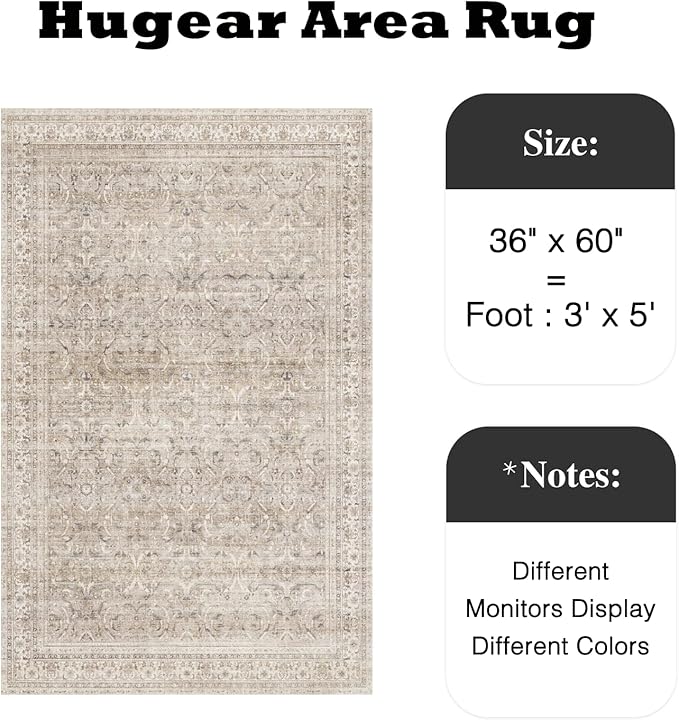 HUGEAR 3x5 Entryway Area Rug Vintage Beige Small Rug Machine Washable Door Mat Retro Floral Low Pile Carpet Vacuumable Distressed Throw Rug Entrance Kitchen Bedroom Bathroom Non Slip Lightweight