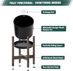 D'vine Dev Planter Pot with Stand - 12 Inch Plastic Cylinder Flower Pot with Wood Planter Holder for Indoor, Matte Black Pot + Walnut Color Stand, 55-C-O-2