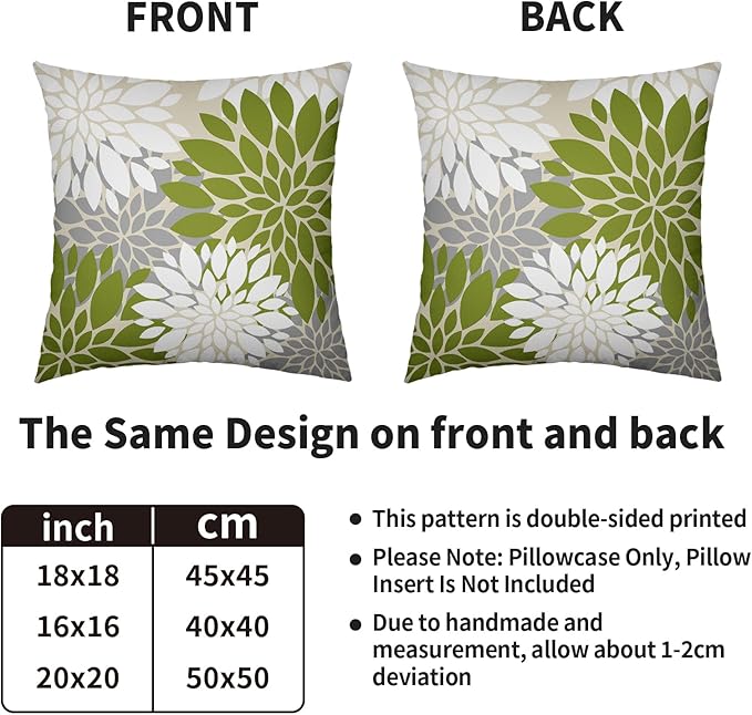 Lime Green White Grey Gray Pillow Covers 16X16 Inch Set of 2, Modern Dahlia Floral Print Decorative Throw Pillow Covers Outdoor Farmhouse Cushion Case for Home Couch Sofa Bed Decoration