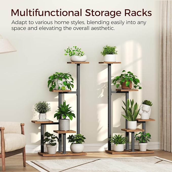 Plant Stands Indoor Set of 2, Metal Corner Plant Stand for Multiple Plants, 5 Tier Plant Shelves for Living Room, Home, Patio, Rustic Brown and Black PSHR0101S2