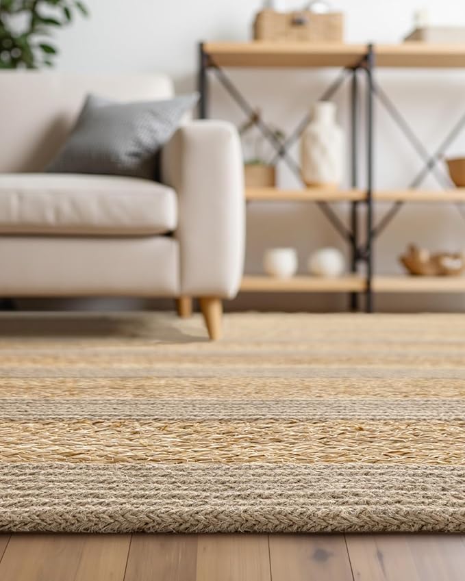 DEXI Jute Area Rug Natural Fiber 4x6 Oval, Woven Braided Durable Farmhouse Design Rugs for Living Room, Bedroom Dinning Room Office Outdoor Patio, Natural/Beige
