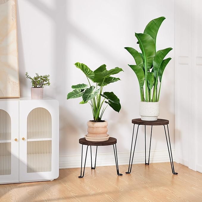 Yangbaga Wooden Plant Stands Indoor: 2Pack 11.81IN Round Planter Stands with Metal Legs,Mid Century Planter Holder for Home Decor,Multi-purpose Plant Table for Living Room/Patio/Garden/Balcony/Office