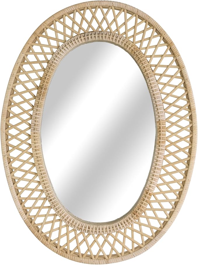 Oval Rattan Wall Mirror – 24x32 Inch Boho Elegance with Woven Frame, Decorative Mirror for Bathroom Vanity Entryway Living Room