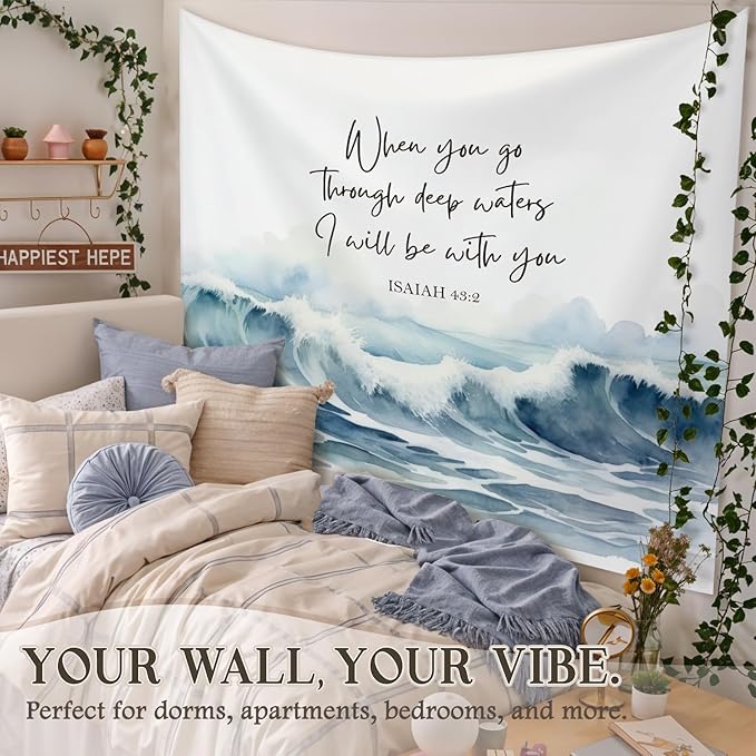 STHTTSW Christian Ocean Tapestry, When You Go Through Deep Waters Tapestries Wall Blanket, Religious Scripture Wall Hanging Decor for Church Prayer Room Home Office, 50x60 Inch