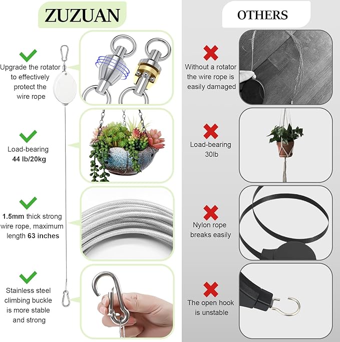 3 Pcs Upgraded Heavy Duty Retractable Plant Hanger,Plant Pulleys for Hanging Plants,Easy to Raise and Lower,Auto Lock,Adjustable Hook for Garden Baskets Pots,Birds Feeder and Grow Lights,White