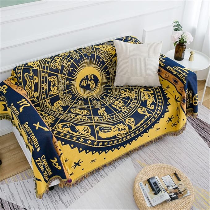 Boho Throw Blankets Woven Reversible Cotton Bohemian Tapestry Hippie Room Decor Witchy Astrology Zodiac Celestial Constellation Carpet Bed Recliner Chair Couch Sofa Cover Double Sided 50"x70"