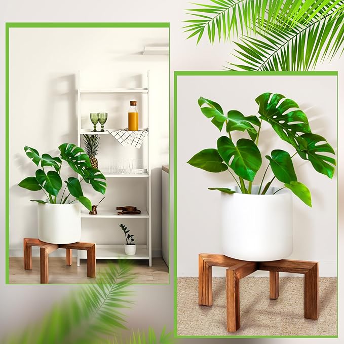 Wenqik 1 Pack 16 Inch Wood Plant Stand Wooden Plant Pot Holder Mid Century Rattan Flower Boho Rustic Stool Holder for Indoor Gardening Patio, Fit 8-18 Inch Pot (Wood Color)