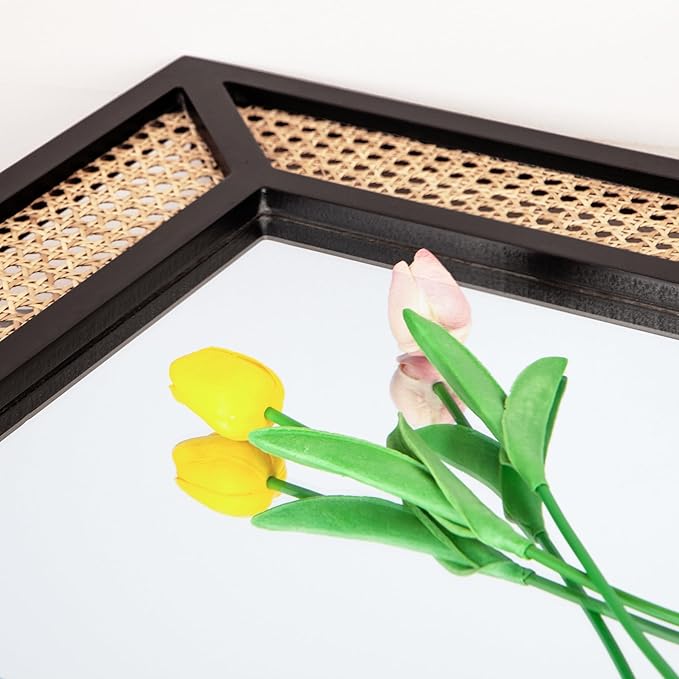 Rattan Mirror for Wall Decor Bohemian Rectangular Large Mirror 35.5" x 23.6", Farmhouse Decorative Wall-Mounted Mirrors, Hanging Mirrors, Woven Wicker, Black Wood Frame