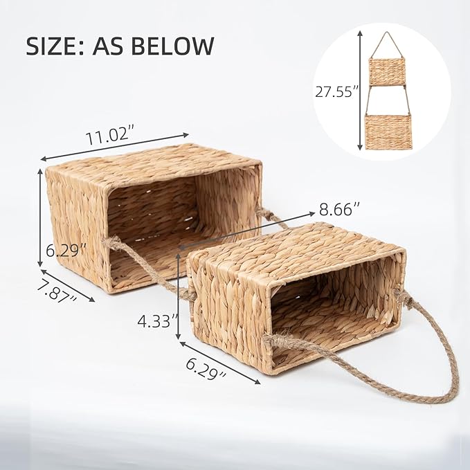 YAHUAN Water Hyacinth Hanging Basket 2-Tiered Woven Wicker Wall Basket Organizer for Kitchen, Home, Door, Indoor/Outdoor Bohemian Décor (Water Hyacinth)