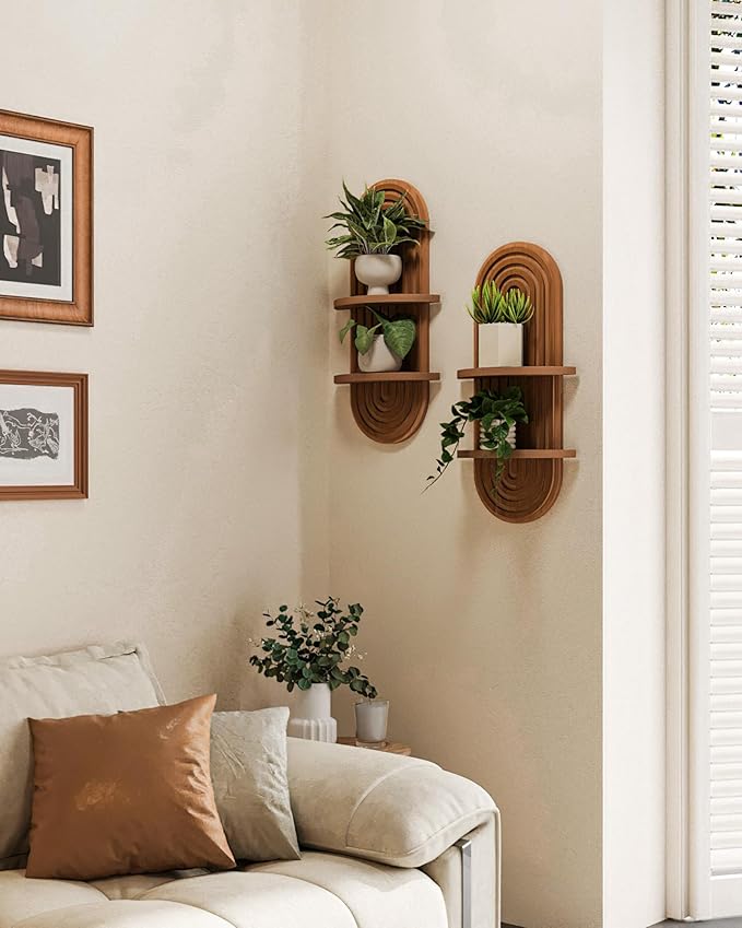 Bamworld Boho Wall Decor Brown Plant Wall Shelf, Mid Century Modern Decor Hanging Plant Shelf, 2-Tier Wooden Floating Shelves for Home, Bathroom Bedroom Living Room, Office Planter Decoration 2 pcs