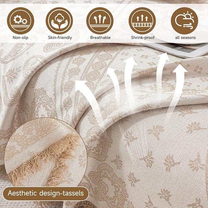 ROOMLIFE Beige Couch Covers for Sofa, Sofa Covers Washable Non Slip Furniture Protector Couch Sofa Covers for 3 Cushion Couch, Breathable Sofa Slipcovers Couch Cover Blanket with Tassels 71" X 134"