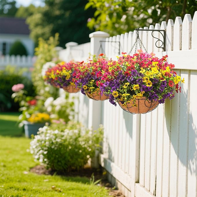 2 Set Artificial Outdoor Flowers with Hanging Basket, 2 Hanging Planters with 24 Pcs Flowers for Spring Summer Front Porch Garden Patio Home Decor
