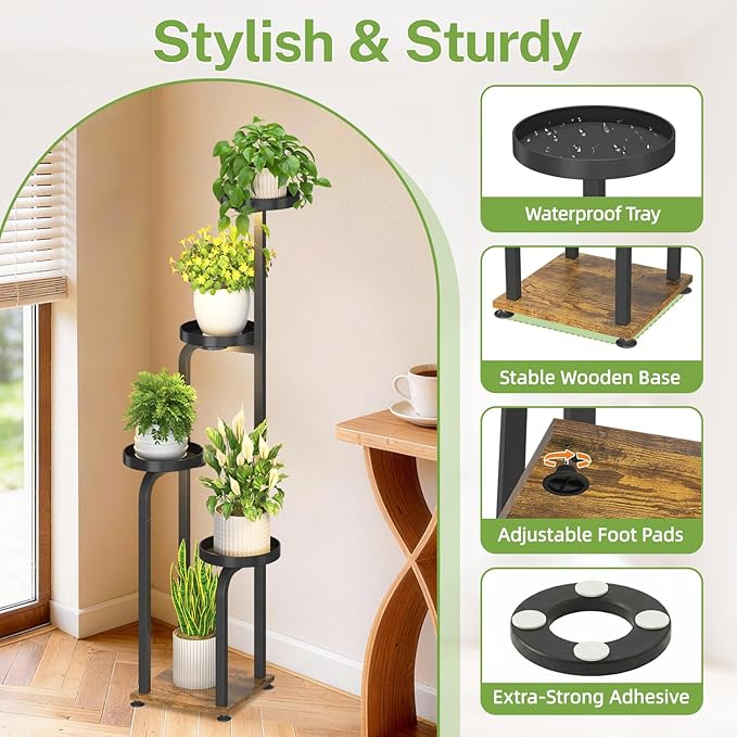 iDavosic.ly Tall Plant Stand Indoor with Grow Light, 4 Tier Corner Multiple Flower Holder Shelf with Metal Trays, Space Saving Display Rack for Living Room Balcony Patio Porch | Black & Brown