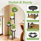iDavosic.ly Tall Plant Stand Indoor with Grow Light, 4 Tier Corner Multiple Flower Holder Shelf with Metal Trays, Space Saving Display Rack for Living Room Balcony Patio Porch | Black & Brown