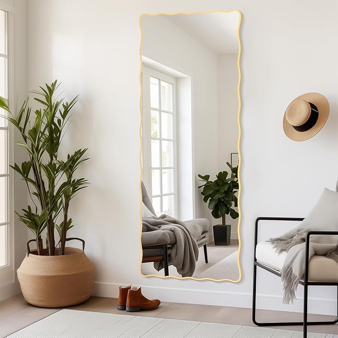 60X24 Inch Gold Wavy Bathroom Mirror for Wall, Scalloped Bathroom Vanity Mirror Farmhouse, Large Rectangle Mirror, Tempered Glass, Hangs Horizontally or Vertically