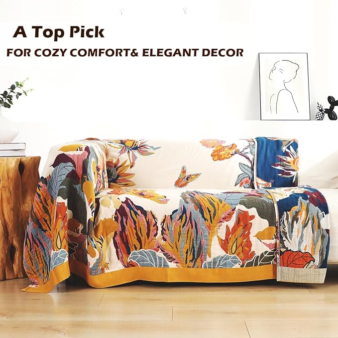 King Extra Large Boho Throw Blanket Oversized 91" x 108", 100% Organic Cotton Soft Bed Throw - Floral Bird Butterfly Pattern Farmhouse Blanket for Couch Sofa Chair and Gift.