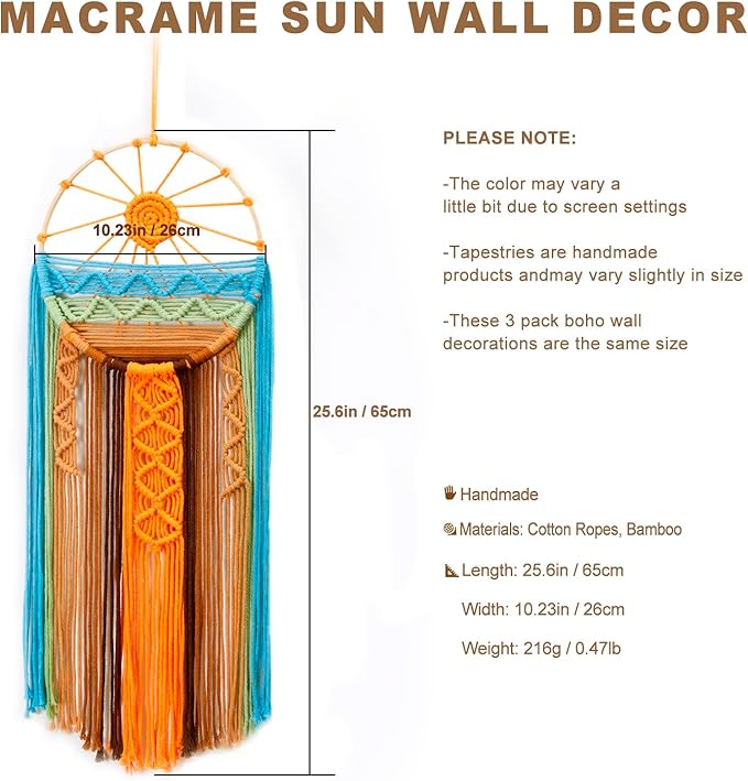 Artilady 3 Pack Macrame Wall Hanging Tapestry Sunrise Sunset Wall Art Set, Hand Woven Boho Tapestries Colorful Sun Wall Decor for Bedroom Living Room Apartment (3 Pcs)