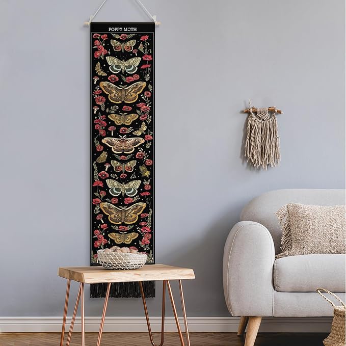Tegeme Vintage Tapestry 52 x 13 Inch, Long Vertical Wall Hanging Reference Illustrative Botanical Insect Tassel Tapestry for Bedroom Living Room Home Decoration (Poppy Moth)