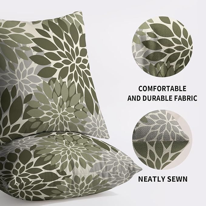 Olive Green Grey Gray Pillow Covers 18X18 Inch Set of 2, Dahlia Flower Spring Summer Floral Cream Decorative Throw Pillow Covers Outdoor Modern Farmhouse Cushion Case for Home Couch Sofa Bed Decor