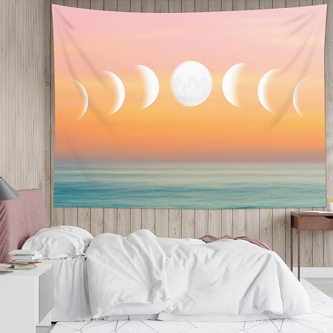 LB Orange Sky Moon Phase Tapestry, Pink and Orange Sunshine Over Teal Ocean Wall Tapestry for Bedroom, Nature Landscape Wall Art for Living Room Home Decor, 48 x 36 Inches
