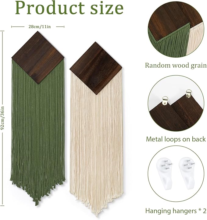 KHOYIME Macrame Wall Hanging Boho Chic Home Decor, 2PCS Bohemian Green Beige Vertical Tassel Yarn Tapestry Modern Farmhouse Wall Art Decorations for Living Room Bedroom Nursery Office 11''W x 36''L