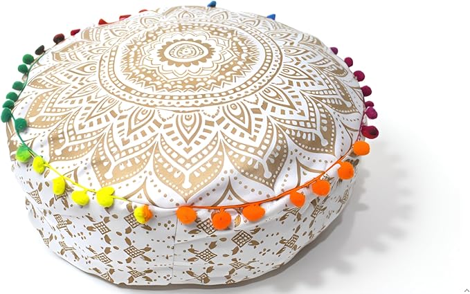 INDIAN CRAFT CASTLE ICC Mandala Barmeri Large Floor Pillow Cover Cushion Meditation Seating Ottoman Throw Cover Hippie Decorative Zipped Bohemian Pouf Ottoman Cases White Gold, 18" Round
