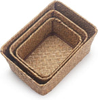 DOKOT Small Woven Wicker Open Storage, Rectangular Handmade Seagrass Baskets for Home, Bathroom Organization（Set of 3）
