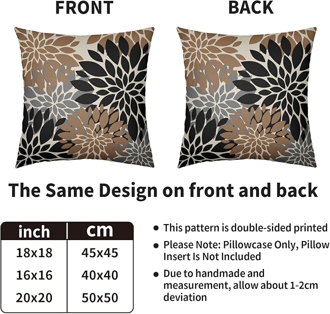 Black Light Brown Pillow Covers 20X20 Inch Set of 2, Spring Summer Floral Dahlia Flower Cream Decorative Throw Pillow Covers Outdoor Modern Farmhouse Cushion Case for Home Couch Sofa Bed Decor