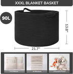 INDRESSME XXXLarge Blanket Basket 21.7" x 21.7" x 13.8" Woven Storage Baskets Soft Cotton Rope Toy Baskets Storage Kids Decorative Laundry for Home, Perfect for Living Room, Black
