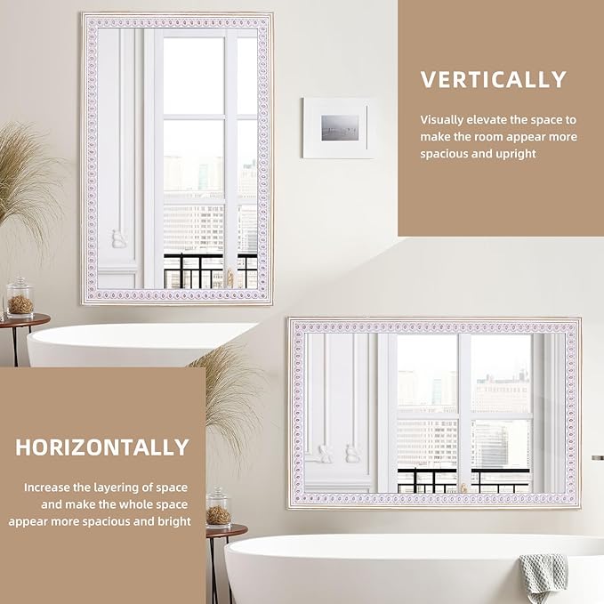 35x23 Incehs Boho Wooden Rectangle Mirror for Wall Decor, Rustic Farmhouse Decorative Mirrors for Bathroom Over Sink, Bedroom, Living Room, Entryway - Vertical/Horizontal Hanging