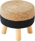 Round Ottoman Natural Seagrass Footstool, Foot Stool with 4 Wood Legs, Hand Woven Round Footstool, Sofa Stool, Multifunctional Modern Dressing Stool, Sofa Side Table for Bedroom (Black)