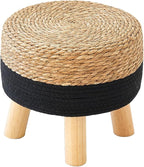 Round Ottoman Natural Seagrass Footstool, Foot Stool with 4 Wood Legs, Hand Woven Round Footstool, Sofa Stool, Multifunctional Modern Dressing Stool, Sofa Side Table for Bedroom (Black)