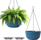 T4U 8 Inch Hanging Planters for Indoor Outdoor Plants, Self Watering Hanging Pot Pack of 2, Hanging Pots with Drainage Hole & Plug & Chain with 3 Hooks for Garden Home Decor, Blue