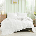 WONGS BEDDING White Queen Comforter Set,Boho Ruffle Comforter for Queen Bed,Soft Seersucker Shabby Chic Bedding Set with 1 Comforter,2 Tufted Pillowcases 90"×90"