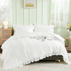 WONGS BEDDING White Queen Comforter Set,Boho Ruffle Comforter for Queen Bed,Soft Seersucker Shabby Chic Bedding Set with 1 Comforter,2 Tufted Pillowcases 90"×90"