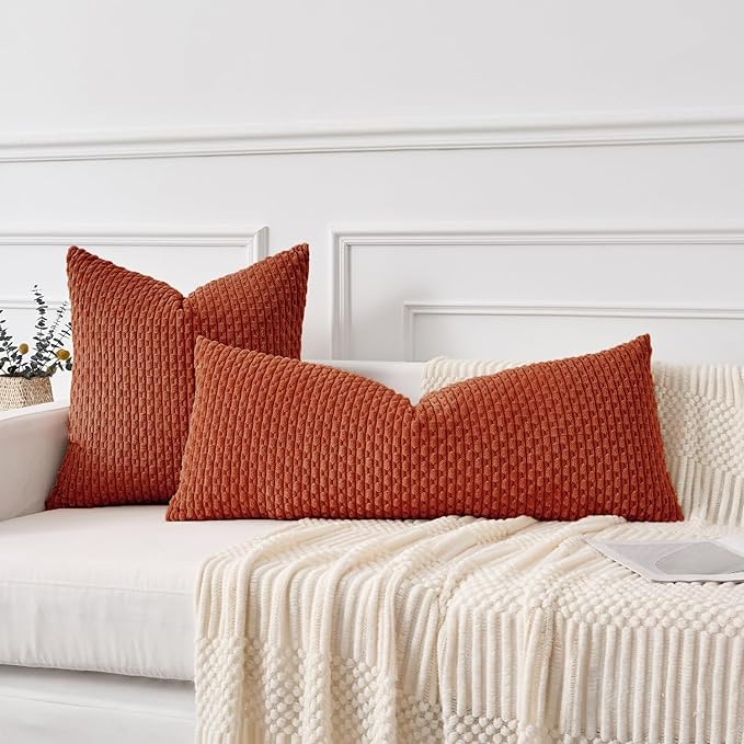 Kevin Textile 20x54 Inch Long Body Lumbar 1 Pack Boho Decorative Throw Pillow Cover Soft Striped Corduroy Rectangle Cushion Case Farmhouse Accent for Living Room Couch Sofa Bed, Burnt Brick