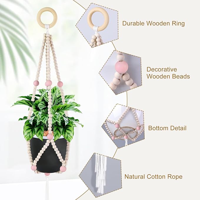 Hotfiary Plant Hanger Indoor Hanging Plant Holder Hang Planter Basket Wood Bead Decorative Flower Pot Holders Boho Farmhouse Rustic Decor Indoor Outdoor (Pot Not Included)