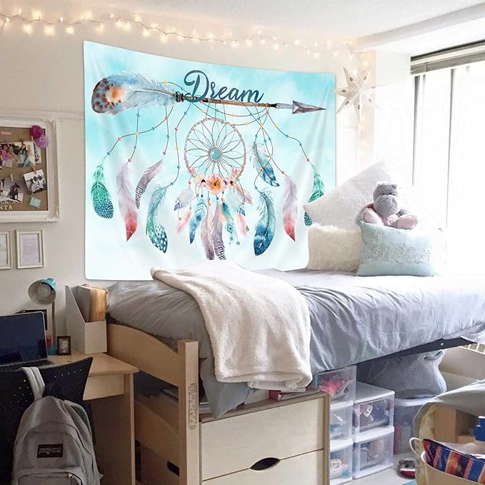 Dream Catcher Feather Small Tapestry, Native American Arrow Dreamcatcher Tapestry Wall Hanging for Teen Girl Bedroom, Blue Teal Bohemian Tapestries Living Room College Dorm Home Decor (60W X 40H)