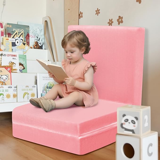 MeMoreCool Foldable Floor Mattress Kids Trifold Mat, Kids Folding Mattress Portable Futon, 57x22 Inch Pink