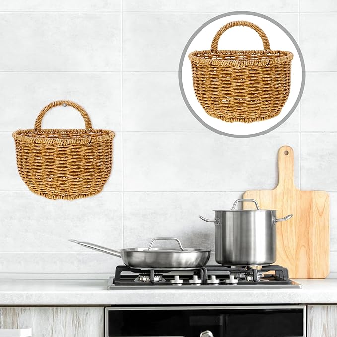 DOITOOL Handwoven Kitchen Storage Basket 7 Inch Hanging Wall Basket for Fruits Vegetables Garlic Onion Bathroom Organization
